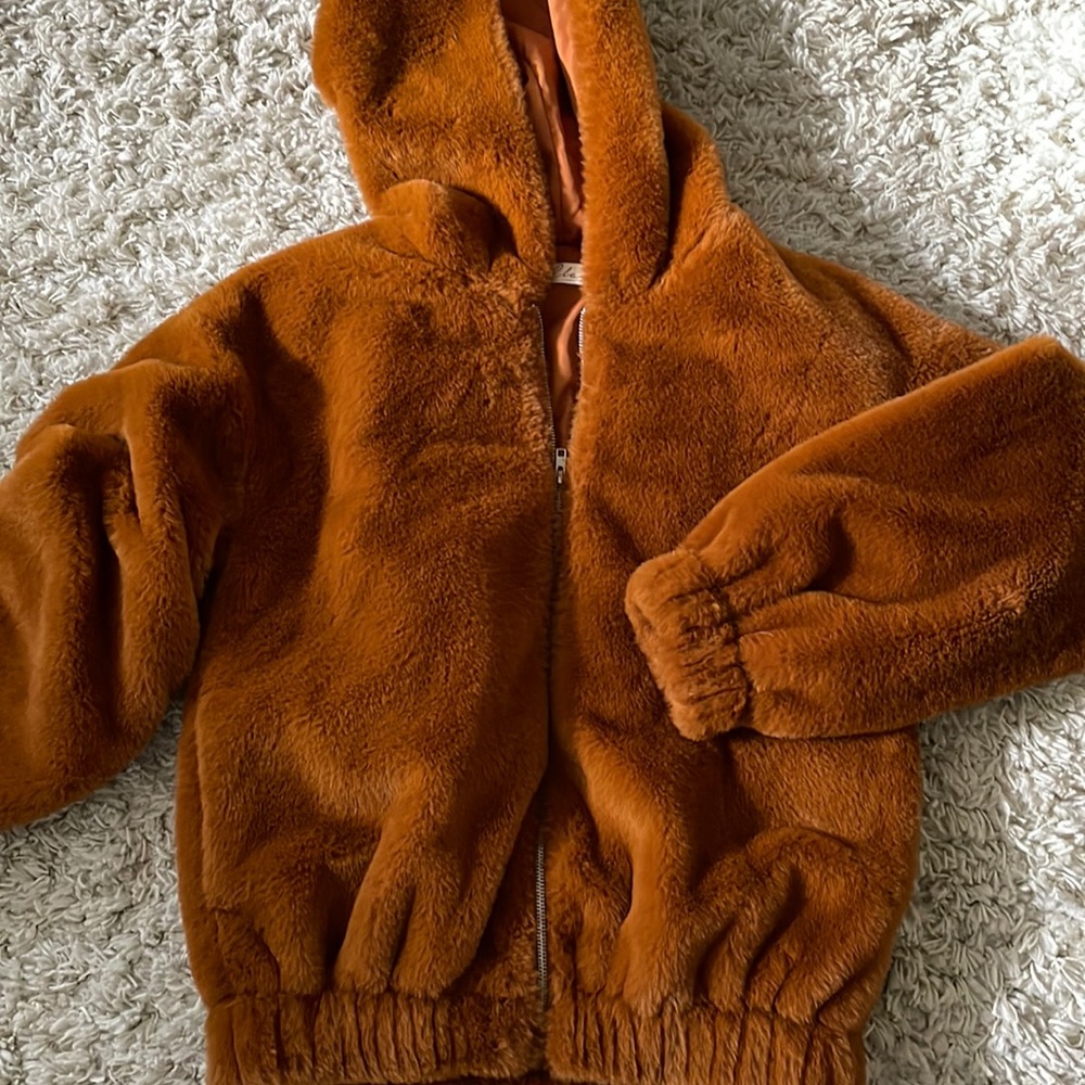 Elan fluffy brown orange zip up hoodie